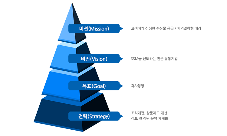 미션(Mission) - 고객에게 싱싱한 수산물 공급 / 지역밀착형 매장, 비전(Vision) - SSM을 선도하는 전문 유통기업, 목표(Goal) - 2015년 매출액 1500억 달성 2017년 직영점 35개 운영, 전략(Strategy) - 조직개편, 상품제도 개선 점포 및 직원 운영 체계화